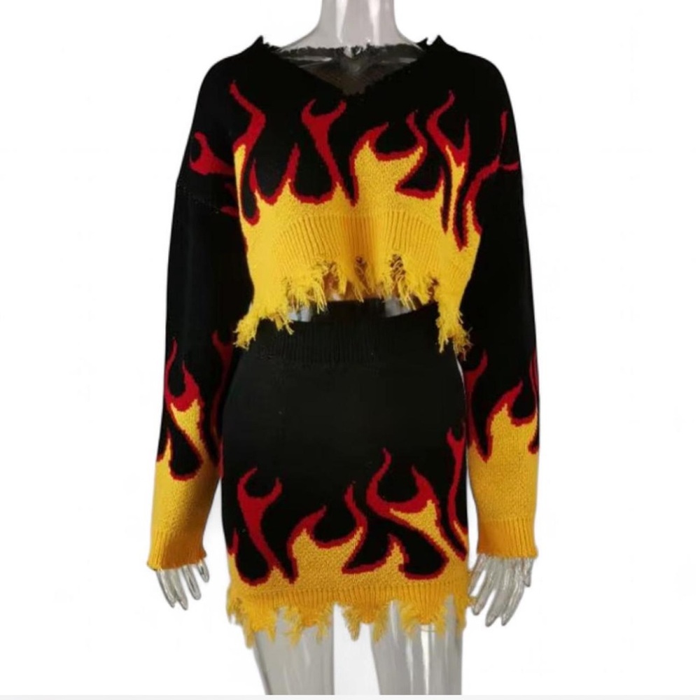 Women's Black and Yellow Flame Sweater